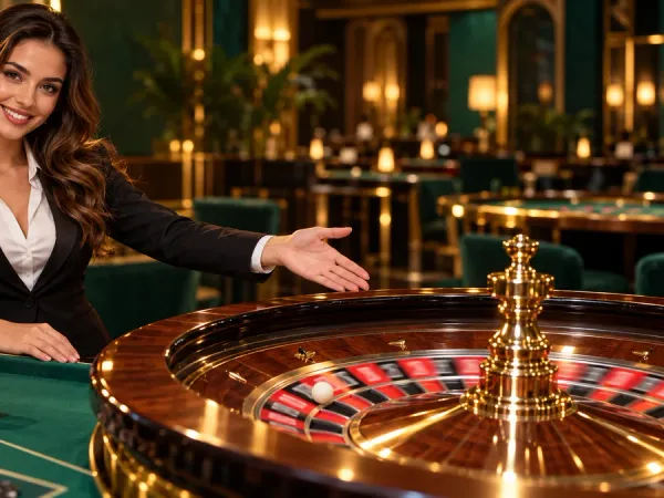 cloudbet female dealer presenting a roulette wheel and chips at a green casino table