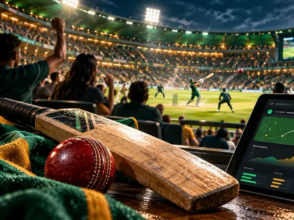 cloudbet cricket bat and ball beside a fictional match dashboard in a floodlit stadium