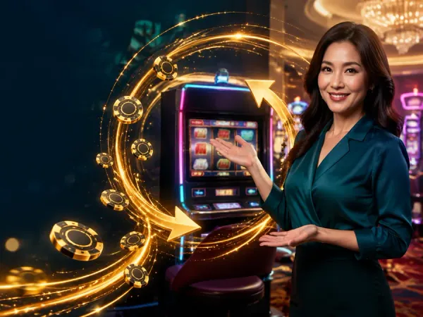 cloudbet woman in a teal blouse beside slot reels and a circular gold light trail