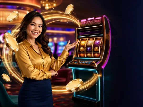 cloudbet woman in a gold blouse presenting a slot machine with a sweeping gold arrow