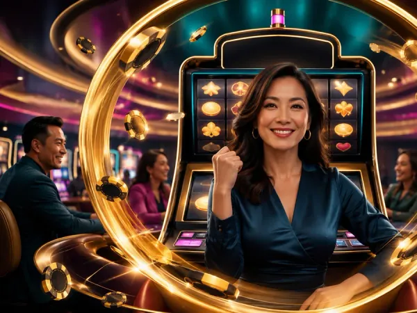 cloudbet woman in a blue blouse framed by a gold ring before slot reels
