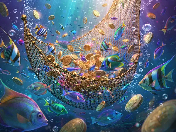 cloudbet fish and gold coins surrounding an underwater net