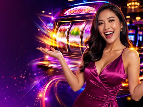 cloudbet woman in a magenta dress beside illuminated spinning slot reels