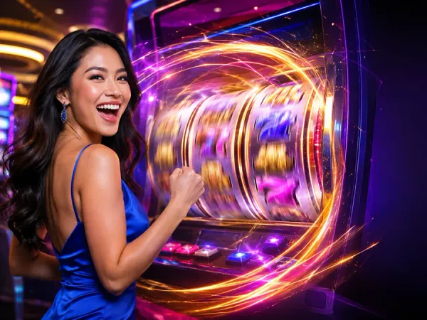 cloudbet woman in a blue dress beside slot reels with a magenta light trail