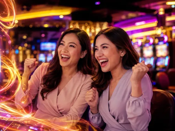 cloudbet two women watching slot reels under pink and gold lighting