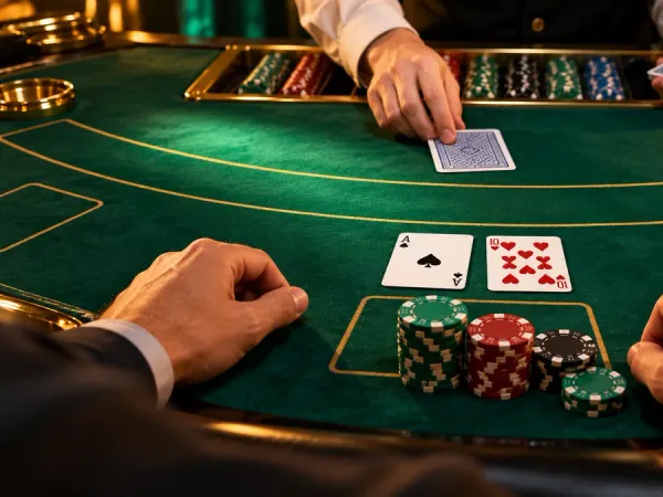 cloudbet blackjack hand with an ace and ten beside casino chips on a green felt table