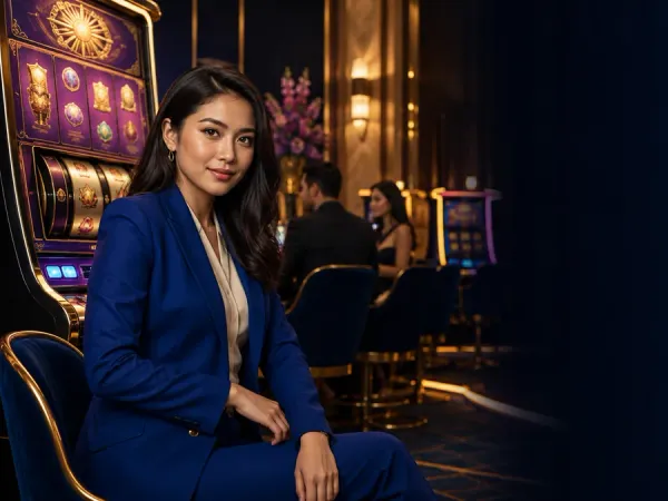 cloudbet woman in a blue suit beside slot machines in a warm-lit lounge