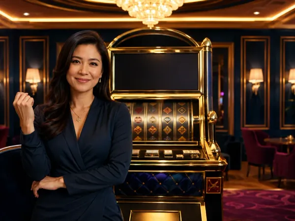cloudbet woman seated before a gold-framed slot machine in an elegant lounge
