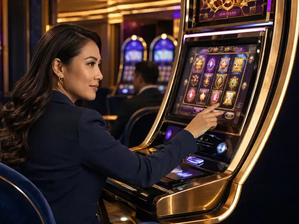 cloudbet seated woman looking back from a slot machine with golden trim
