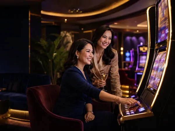 cloudbet two women seated together at slot machines in a dark lounge