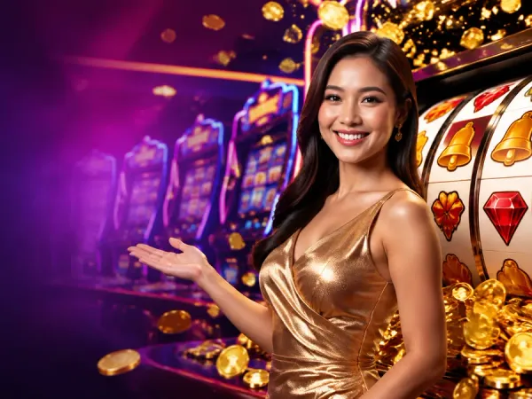 cloudbet woman in a gold dress beside a slot machine with scattered gold coins