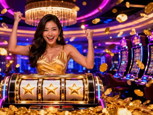 cloudbet woman behind a star-symbol slot machine with illustrated gold coins