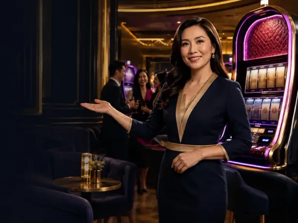 cloudbet woman in a dark blazer beside a slot machine in a dim lounge