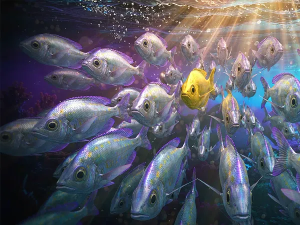 cloudbet school of fish swimming among floating coins