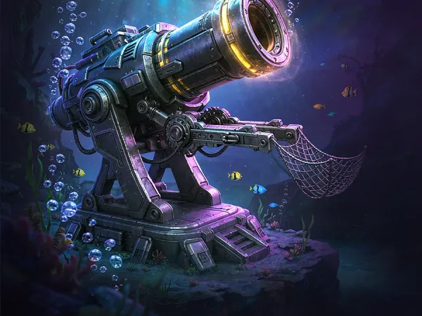 cloudbet illustrated underwater cannon facing a school of fish