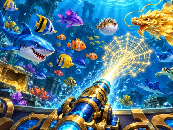 cloudbet illustrated fishing arcade cannon firing a glowing net towards colourful fish