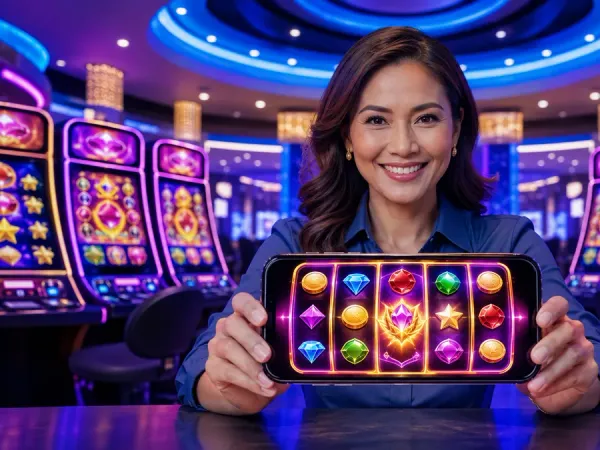 cloudbet woman presenting a phone with fruit reels under blue casino lighting