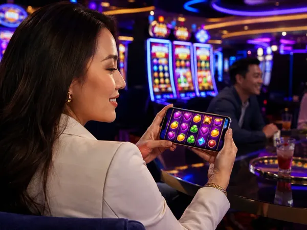 cloudbet seated woman holding a phone horizontally beside illuminated slot machines