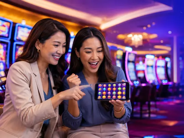 cloudbet two women looking at fruit reels on a smartphone in a casino setting
