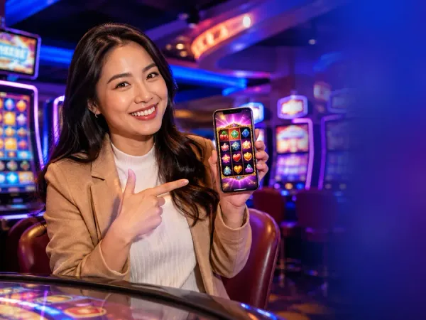cloudbet woman pointing at a phone with illustrated reels in a casino setting