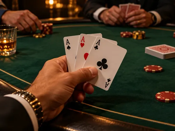 cloudbet player holding three aces above a green card table with casino chips