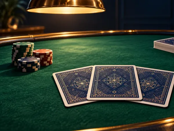 cloudbet three face-down blue playing cards with chips and a deck on a green table