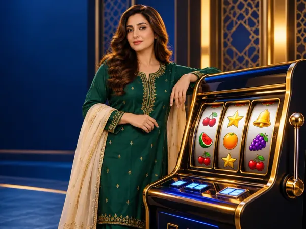 cloudbet woman in an emerald outfit and cream scarf beside fruit slot reels