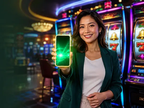 cloudbet woman in a green blazer holding a glowing smartphone beside slot reels