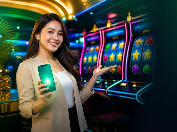 cloudbet woman in a beige blazer holding a smartphone near colourful slot machines